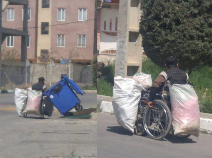 زباله‌گردی فرد معلول با ویلچر در هشتگرد
